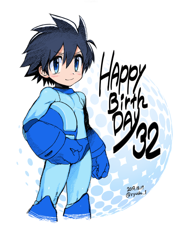 1boy android anniversary black_hair blue_eyes blush capcom cowboy_shot cropped_legs dated hair_between_eyes headwear_removed helmet helmet_removed holding holding_helmet male_focus rockman rockman_(character) rockman_(classic) ryuda simple_background smile solo text_focus twitter_username