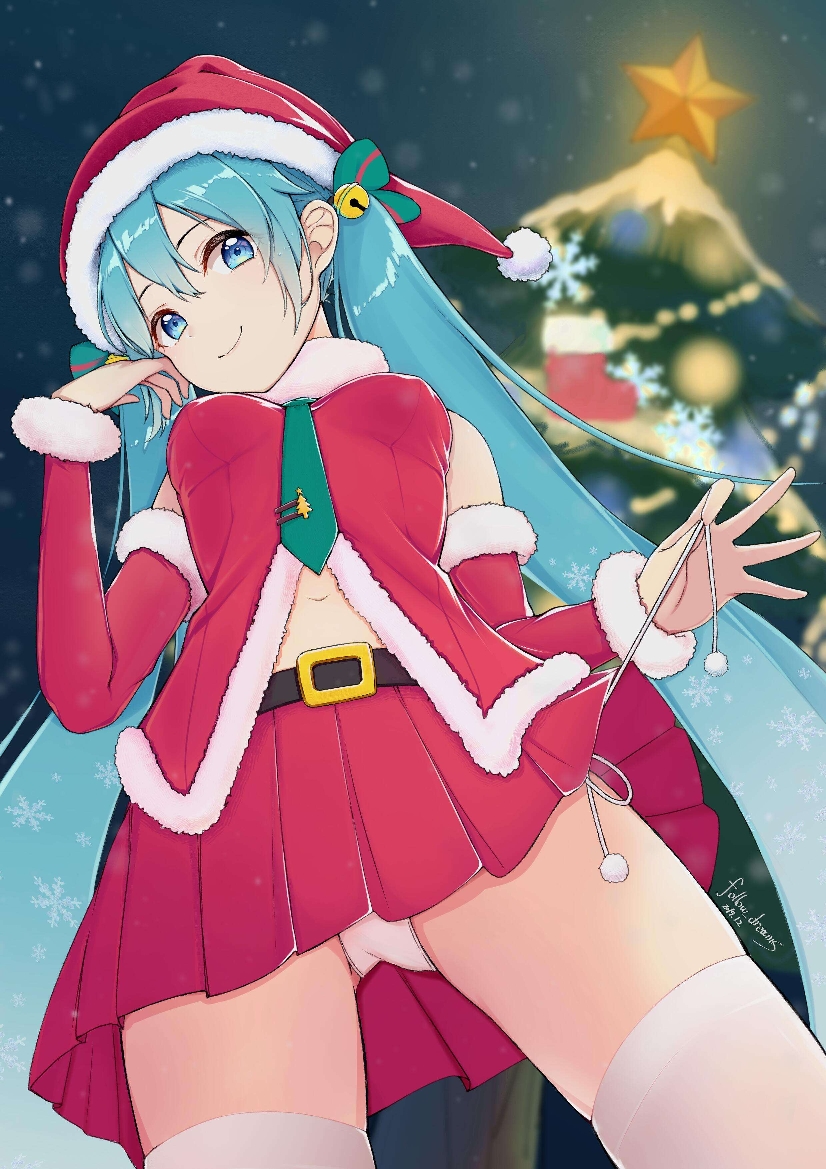 1girl aqua_hair artist_name bell belt blue_eyes christmas christmas_tree cowboy_shot crypton_future_media cute detached_sleeves follow_dreams from_below hair_bell hair_ornament hat hatsune_miku jingle_bell long_hair looking_at_viewer miniskirt moe navel necktie night panties pantyshot pleated_skirt red_shirt red_skirt red_sleeves santa_hat shirt side-tie_panties skirt sleeveless sleeveless_shirt smile solo thigh-highs twintails underwear vocaloid white_panties yamaha_(company)