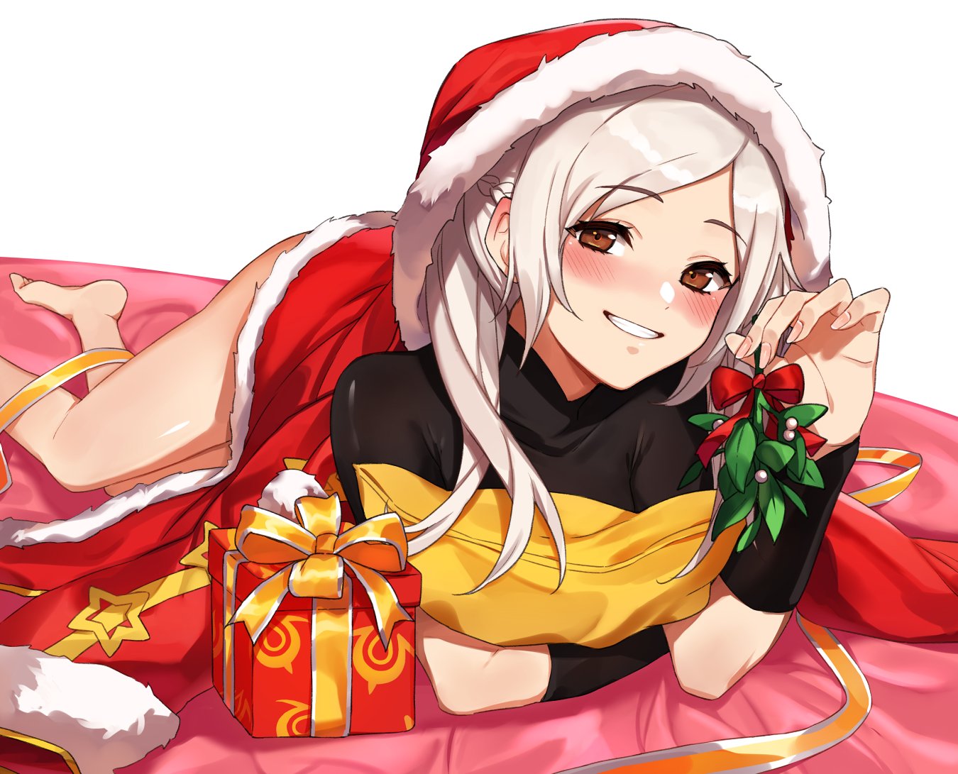 1girl alternate_costume arm_warmers bangs bare_legs barefoot bed_sheet black_bodysuit blush bodysuit box braid brown_eyes crown_braid cute eyebrows_visible_through_hair fire_emblem fire_emblem:_kakusei fire_emblem_awakening fire_emblem_heroes gift gift_box grin hat intelligent_systems kamu_(kamuuei) looking_at_viewer lying medium_hair mistletoe my_unit_(fire_emblem:_kakusei) nintendo on_stomach parted_bangs pillow red_headwear reflet robe robin_(fire_emblem) robin_(fire_emblem)_(female) santa_costume santa_hat silver_hair simple_background smile solo super_smash_bros. taut_clothes twintails white_background