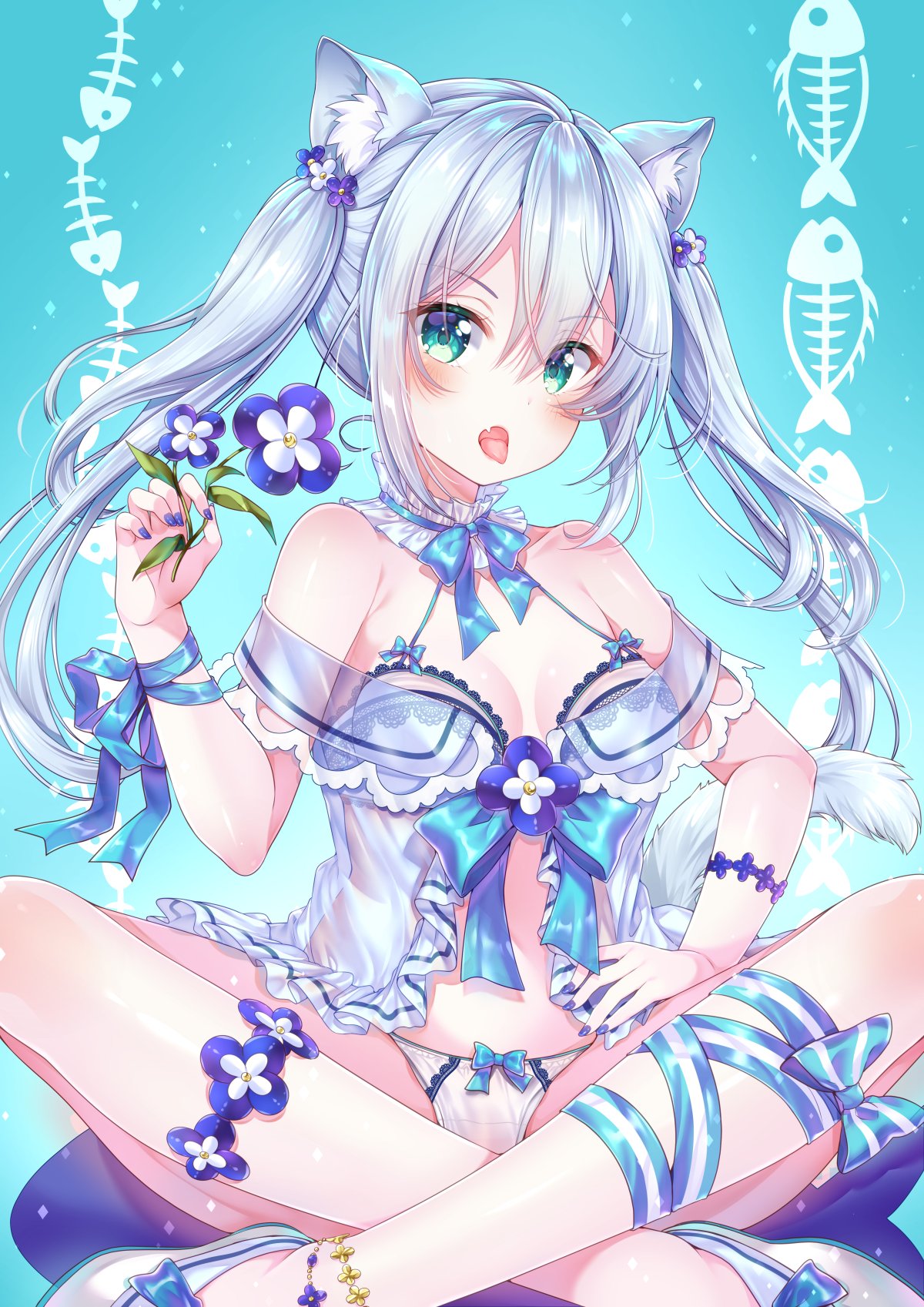 1girl :o animal_ear_fluff animal_ears aqua_eyes babydoll bare_shoulders blue_background blue_bow blue_flower bow breasts cat_ears cat_girl cat_tail choker fang fish_bone flower frilled_choker frills hair_between_eyes halterneck hand_on_hip highres holding holding_flower indian_style leg_ribbon lingerie long_hair looking_at_viewer nail_polish open_mouth original panties ribbon sakura_moyon see-through shoes sidelocks silver_hair sitting small_breasts solo tail tongue tongue_out twintails underwear underwear_only white_panties