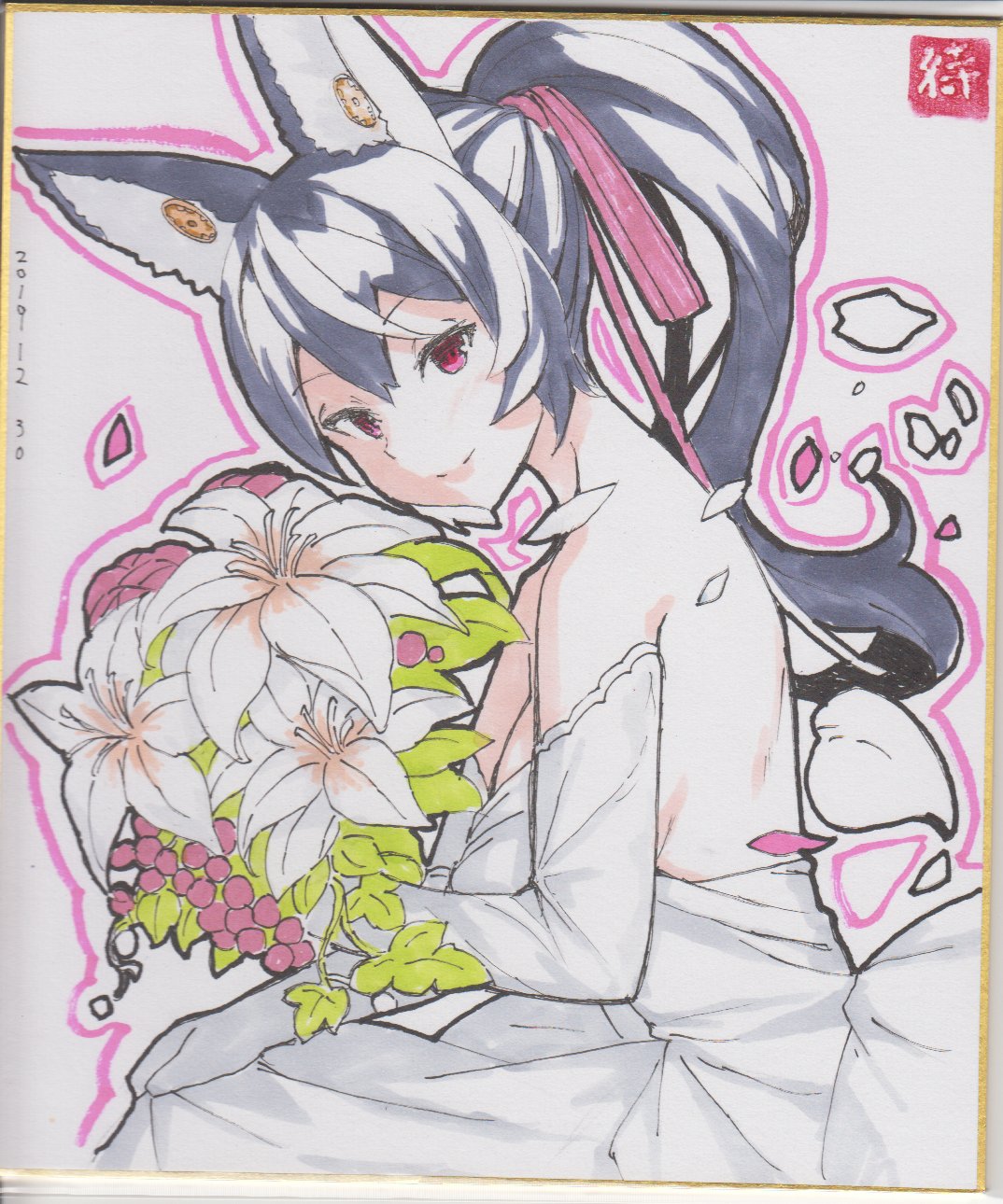 &gt;:) 1girl animal_ear_fluff animal_ears bangs bare_shoulders black_hair bouquet closed_mouth dated dress elbow_gloves eyebrows_visible_through_hair flower fox_ears gloves hair_ribbon highres holding holding_bouquet long_hair original outline petals photo pink_outline pink_ribbon ponytail red_eyes ribbon smile solo strapless strapless_dress traditional_media v-shaped_eyebrows very_long_hair white_dress white_flower white_gloves yuuji_(yukimimi)