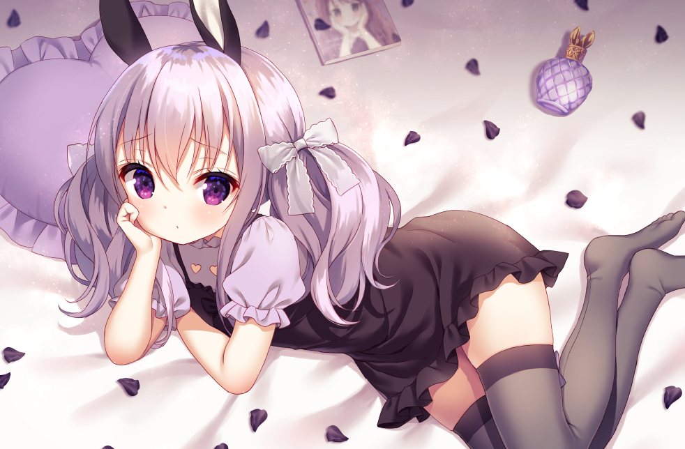 1girl animal_ears arm_support bangs bed_sheet black_dress blush bow chitosezaka_suzu closed_mouth commentary_request dress eyebrows_visible_through_hair frilled_dress frilled_pillow frills grey_legwear hair_between_eyes hair_bow heart heart_pillow long_hair looking_at_viewer no_shoes original petals pillow puffy_short_sleeves puffy_sleeves purple_hair purple_shirt rabbit_ears shirt short_sleeves sleeveless sleeveless_dress solo thigh-highs twintails violet_eyes white_bow