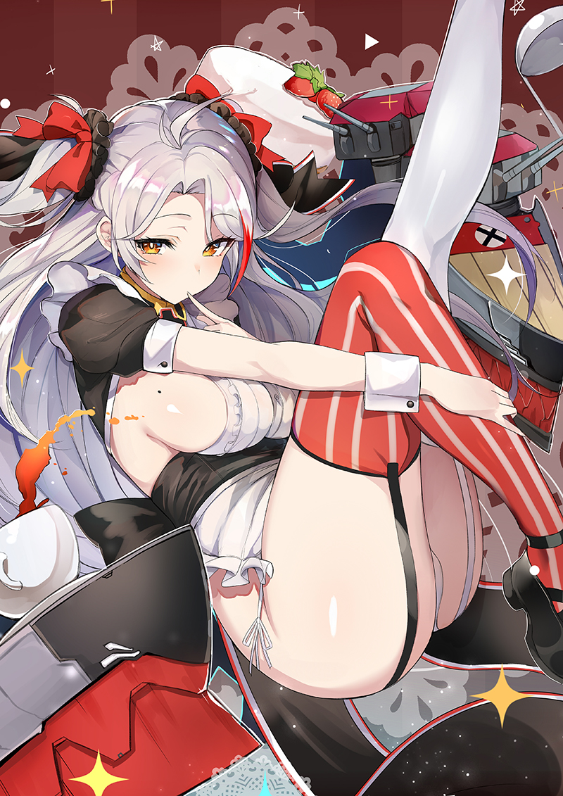 1girl antenna_hair ass azur_lane bangs blush breasts commentary_request eyebrows_visible_through_hair finger_to_mouth garter_straps hair_between_eyes hair_ribbon large_breasts long_hair looking_at_viewer luse_maonang machinery mole mole_on_breast multicolored_hair orange_eyes panties prinz_eugen_(azur_lane) redhead ribbon rigging side-tie_panties sideboob silver_hair solo streaked_hair swept_bangs thigh-highs thighs two_side_up underwear very_long_hair white_panties wrist_cuffs
