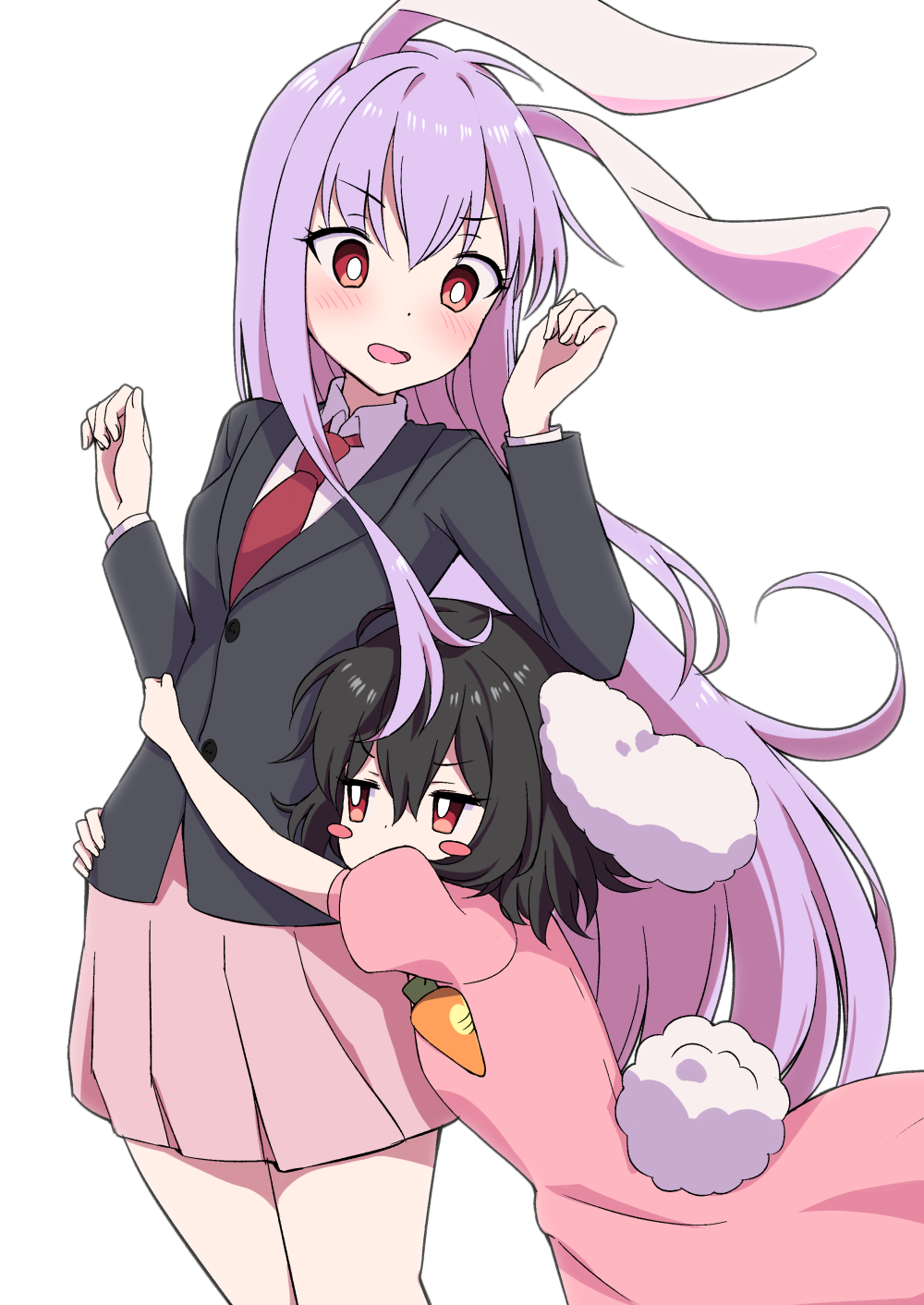 2girls animal_ears arms_up black_hair blush blush_stickers bright_pupils bunny_tail carrot_necklace commentary_request cowboy_shot dress dress_shirt eyebrows_visible_through_hair glomp hand_on_another's_hip hand_on_another's_waist highres hug hug_from_behind inaba_tewi lavender_hair leaning_forward leaning_on_person long_hair long_sleeves looking_at_another looking_down multiple_girls necktie open_mouth pink_dress pink_skirt pleated_skirt puffy_short_sleeves puffy_sleeves rabbit_ears red_eyes red_neckwear reisen_udongein_inaba shirt short_hair short_sleeves simple_background skirt standing suit_jacket tail touhou tsukimirin very_long_hair white_background white_pupils white_shirt
