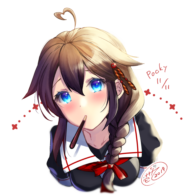1girl 2019 ahoge black_hair black_serafuku blue_eyes braid dated food hair_flaps hair_over_shoulder ittokyu kantai_collection long_hair looking_at_viewer mouth_hold neckerchief pocky pocky_day red_neckwear remodel_(kantai_collection) sailor_collar school_uniform serafuku shigure_(kantai_collection) signature simple_background single_braid solo upper_body white_background white_sailor_collar
