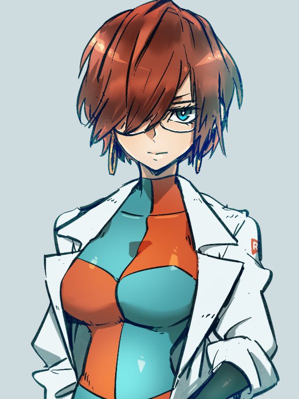 1girl alternate_hair_length alternate_hairstyle android android_21 black-framed_eyewear blue_eyes breasts brown_hair checkered checkered_dress dragon_ball dragon_ball_fighterz dress earrings glasses hoop_earrings jewelry kemachiku labcoat looking_at_viewer medium_breasts short_hair solo straight_hair