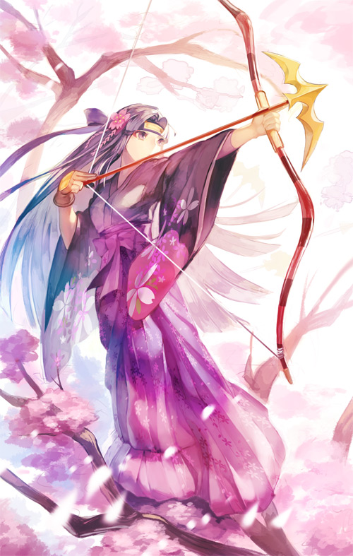1girl archery aruk bangs bow bow_(weapon) breasts cherry_blossoms drawing_bow eyeliner floral_print flower forehead_protector full_body gloves gotcha_warrior hair_flower hair_ornament hakama headband holding holding_bow_(weapon) holding_weapon in_tree japanese_clothes kanzashi kimono long_hair long_sleeves looking_away makeup medium_breasts outstretched_arm parted_bangs partly_fingerless_gloves petals purple_bow purple_flower purple_hakama sakura_(gotcha_warrior) single_glove solo standing tree very_long_hair weapon white_background wide_sleeves wristband yugake