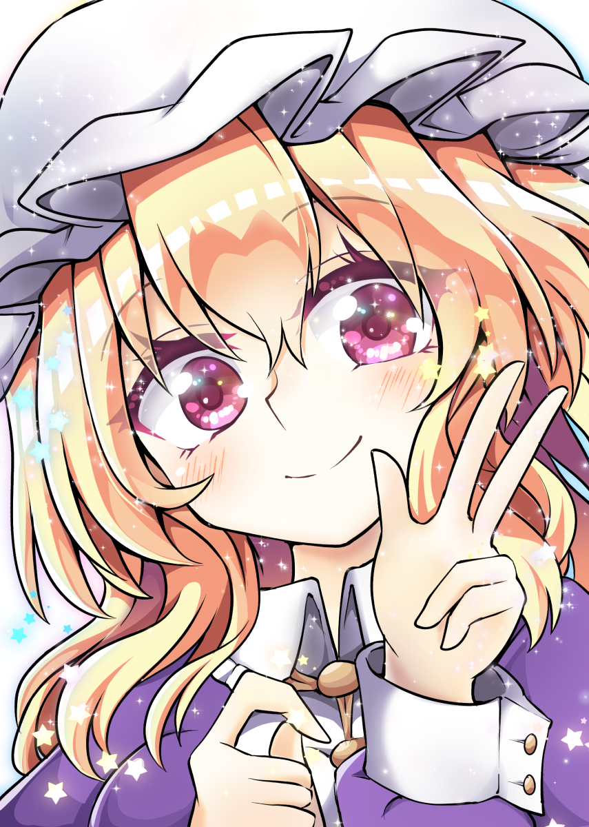 1girl aki_chimaki arms_up blonde_hair cuff_links dress eyebrows_visible_through_hair hat head_tilt highres long_hair long_sleeves looking_at_viewer maribel_hearn mob_cap purple_dress smile solo sparkle sparkling_eyes star touhou upper_body violet_eyes w white_background white_headwear