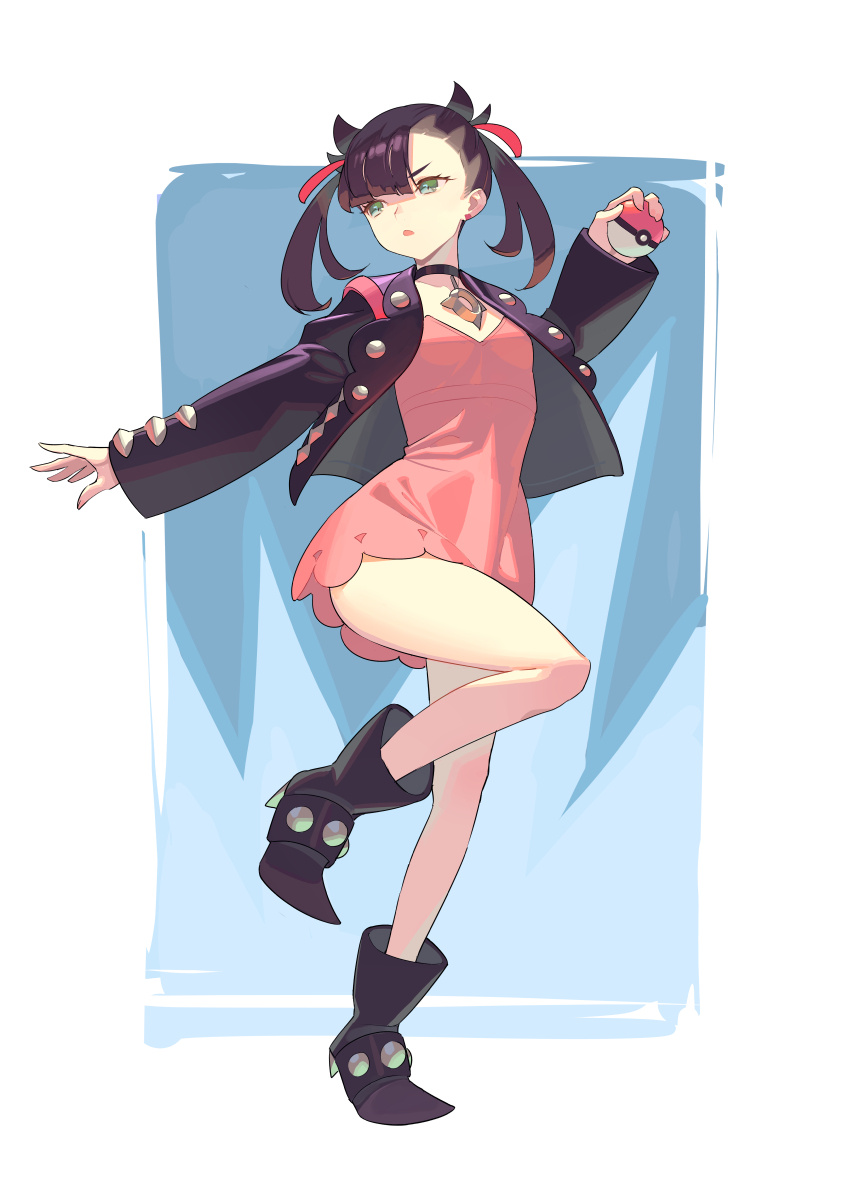 1girl :o ankle_boots asymmetrical_bangs bangs bare_legs black_choker black_footwear black_hair black_jacket blue_background boots choker dress earrings green_eyes hair_ribbon high_heel_boots high_heels highres holding holding_poke_ball jacket jewelry leg_up long_sleeves looking_to_the_side mary_(pokemon) open_clothes open_jacket parted_lips pink_dress poke_ball poke_ball_(generic) pokemon pokemon_(game) pokemon_swsh red_ribbon ribbon short_dress short_hair short_twintails solo standing standing_on_one_leg tim_loechner twintails v-shaped_eyebrows
