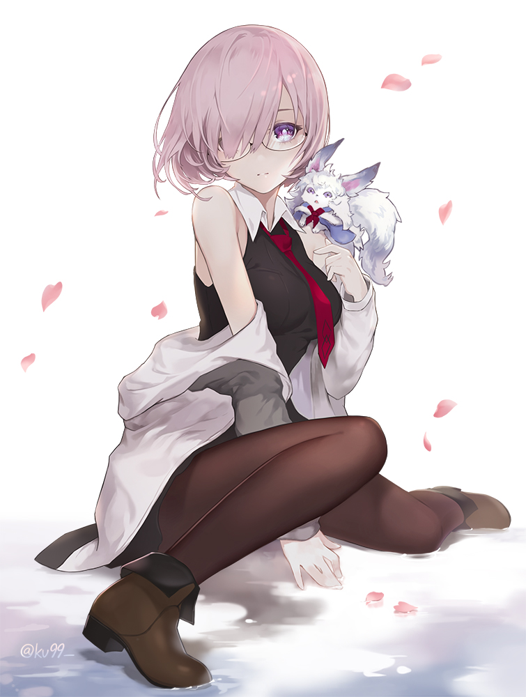 1girl ankle_boots bare_shoulders black_dress boots breasts brown_footwear brown_legwear commentary creature_on_shoulder dress fate/grand_order fate_(series) fou_(fate/grand_order) full_body glasses grey_sleeves hair_over_one_eye jacket knee_up ku99_(kugugu) long_sleeves looking_at_viewer mash_kyrielight medium_breasts necktie open_clothes open_jacket pantyhose parted_lips petals pink_hair red_neckwear rimless_eyewear short_hair sitting smile violet_eyes white_jacket