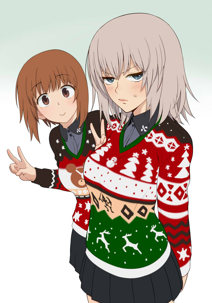 2girls arms_behind_back bangs black_skirt blush brown_eyes brown_hair christmas christmas_sweater closed_mouth double_vertical_stripe dress_shirt eyebrows_visible_through_hair frown girls_und_panzer glaring gradient_hair green_background grey_shirt insignia itsumi_erika kuromorimine_school_uniform leaning_forward leaning_to_the_side long_sleeves looking_at_viewer medium_hair miniskirt multicolored_hair multiple_girls nishizumi_miho pleated_skirt pose school_uniform shirt short_hair skirt standing sweatdrop sweater wata_do_chinkuru