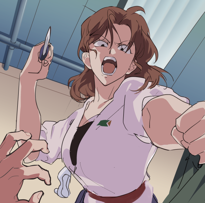 1girl 1other black_eyes brown_hair fishissnack green_shirt hair_between_eyes high_heels holding holding_knife holding_shirt holding_weapon indoors knife long_hair looking_at_viewer lower_teeth open_mouth original pov shirt teeth tongue upper_teeth weapon white_footwear