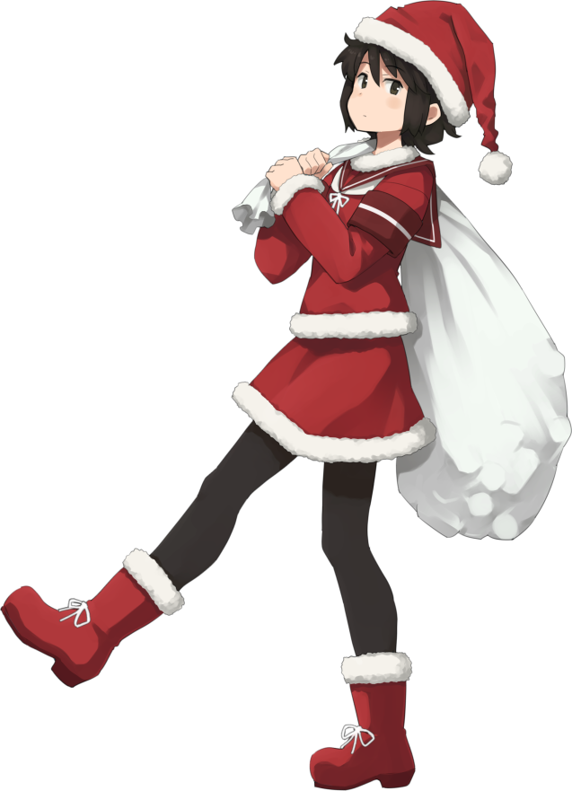 1girl adapted_costume black_hair black_legwear boots brown_eyes full_body fur-trimmed_boots fur-trimmed_shirt fur-trimmed_skirt fur_trim hat kantai_collection looking_at_viewer miyuki_(kantai_collection) pantyhose red_footwear red_sailor_collar red_skirt sack sailor_collar sakura_(medilore) santa_costume santa_hat short_hair skirt solo transparent_background wavy_hair