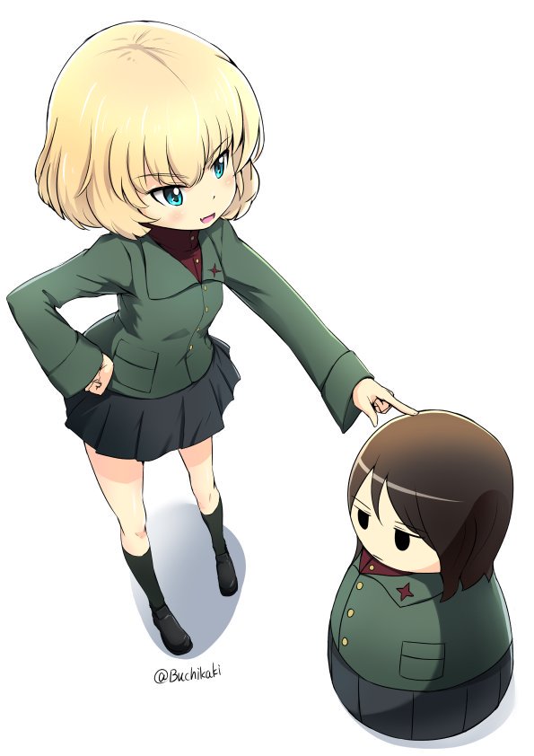 1girl bangs black_footwear black_legwear black_skirt blonde_hair blue_eyes buchikaki character_doll commentary eyebrows_visible_through_hair fang girls_und_panzer green_jacket hand_on_hip insignia jacket katyusha loafers long_sleeves looking_at_another matryoshka_doll miniskirt one_eye_closed pleated_skirt pravda_school_uniform red_shirt school_uniform shadow shirt shoes short_hair skirt smirk socks solo standing turtleneck white_background