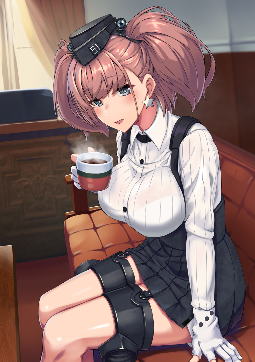 1girl :d atlanta_(kantai_collection) bangs black_headwear black_skirt blush breasts brown_hair coffee couch cup earrings eyebrows_visible_through_hair from_side garrison_cap gloves hat highres holding holding_cup indoors jewelry kantai_collection large_breasts long_hair looking_at_viewer looking_to_the_side miniskirt on_couch open_mouth partly_fingerless_gloves pleated_skirt shigatsu_itsuka shirt sitting skirt smile solo star star_earrings steam suspender_skirt suspenders thigh_strap twintails white_gloves white_shirt