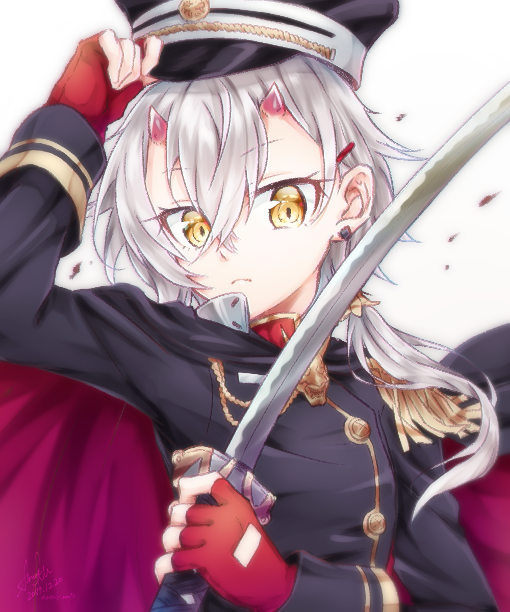 1girl azur_lane bangs cape closed_mouth commentary_request crossed_bangs dated ear_piercing epaulettes fingerless_gloves frown gloves hair_between_eyes hair_ornament hairclip hat highres holding holding_hat holding_sword holding_weapon horns katana looking_at_viewer low_ponytail maple_may-gumi military military_hat military_uniform oni_horns piercing red_gloves signature silver_hair solo sword tenryuu_(azur_lane) tied_hair uniform upper_body weapon yellow_eyes