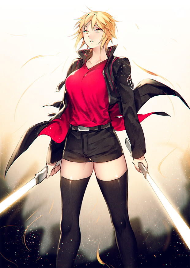 1girl arms_at_sides bangs belt black_jacket black_legwear black_shorts blonde_hair breasts dual_wielding feet_out_of_frame genderswap genderswap_(mtf) holding holding_sword holding_weapon izumi_kouhei jacket large_breasts long_sleeves looking_at_viewer open_clothes open_jacket parted_lips pepper_fever red_shirt severed_hair shirt short_hair shorts solo standing sword thigh-highs weapon white_background world_trigger yellow_eyes