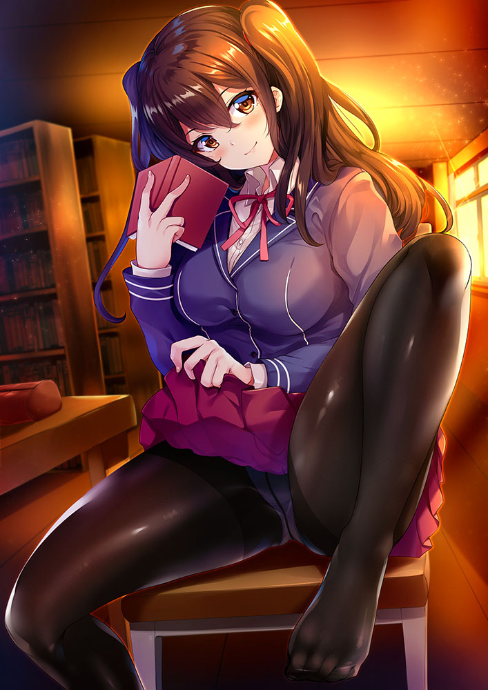 1girl bangs blazer blue_jacket blush book bookshelf breasts brown_eyes brown_hair collared_shirt hair_between_eyes head_tilt indoors iya_na_kao_sare_nagara_kozukuri_sasete_moraitai jacket knee_up large_breasts library light_particles long_hair long_sleeves looking_at_viewer miru_tights neck_ribbon no_shoes panties panties_under_pantyhose pantyhose pleated_skirt red_ribbon red_skirt ribbon shiny shiny_clothes shirt sidelocks sitting skirt smile solo sunset thighs thomasz two_side_up underwear white_shirt window