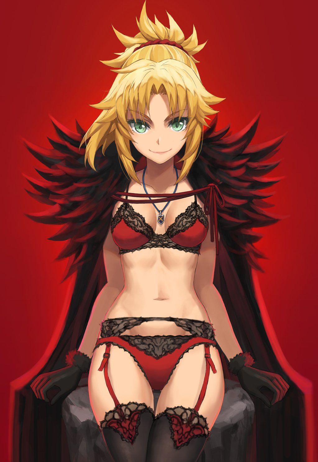 1girl black_gloves black_legwear blonde_hair bra braid breasts collarbone commentary_request eyebrows_visible_through_hair fate/grand_order fate_(series) gloves green_eyes hair_ornament hair_scrunchie highres jewelry long_hair looking_at_viewer medium_breasts mordred_(fate) mordred_(fate)_(all) navel necklace panties ponytail red_background red_bra red_panties red_scrunchie scrunchie simple_background smile solo thigh-highs thigh_gap tonee underwear
