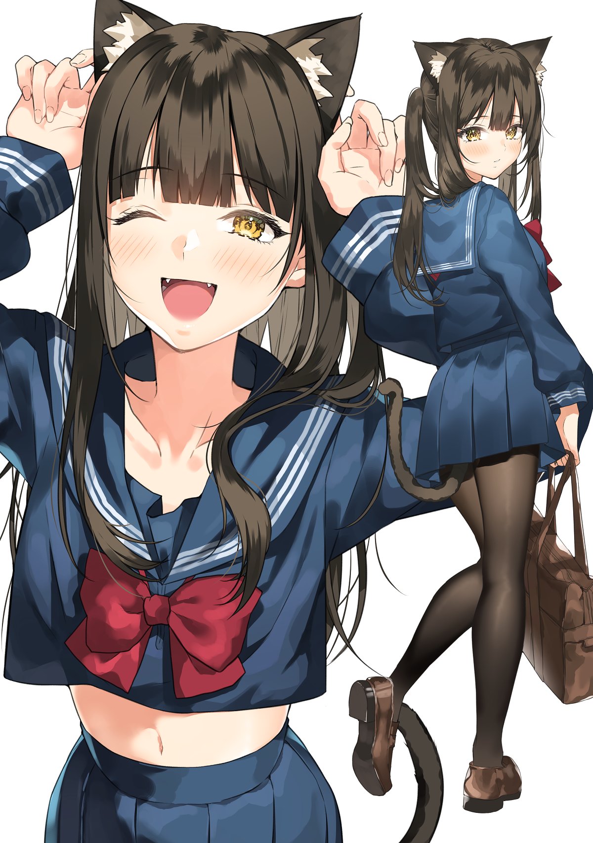 1girl ;d animal_ears bag bangs blue_sailor_collar blue_serafuku blue_shirt blue_skirt blunt_bangs blush bow bowtie breasts brown_footwear brown_hair cat_ears cat_girl cat_tail collarbone commentary_request extra_ears eyebrows_visible_through_hair fangs fingernails full_body hair_over_shoulder half-closed_eye hands_up highres holding holding_bag kemonomimi_mode leg_up loafers long_hair long_sleeves looking_at_viewer multiple_views navel one_eye_closed open_mouth original parted_lips paw_pose pleated_skirt ran_s200 red_neckwear sailor_collar school_bag school_uniform serafuku shirt shoes shoulder_bag sidelocks simple_background skirt smile standing standing_on_one_leg stomach tail tail_raised two_side_up white_background yellow_eyes