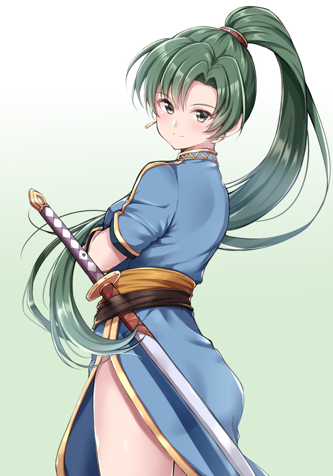 1girl ass bangs blue_dress breasts commentary_request cowboy_shot dress earrings eyebrows_visible_through_hair fire_emblem fire_emblem:_the_blazing_blade from_behind gradient gradient_background green_background green_eyes green_hair high_ponytail jewelry jiino katana long_hair looking_at_viewer looking_back lyn_(fire_emblem) medium_breasts orange_sash ponytail sash scabbard sheath sheathed short_sleeves side_slit smile solo standing sword thighs very_long_hair weapon white_background