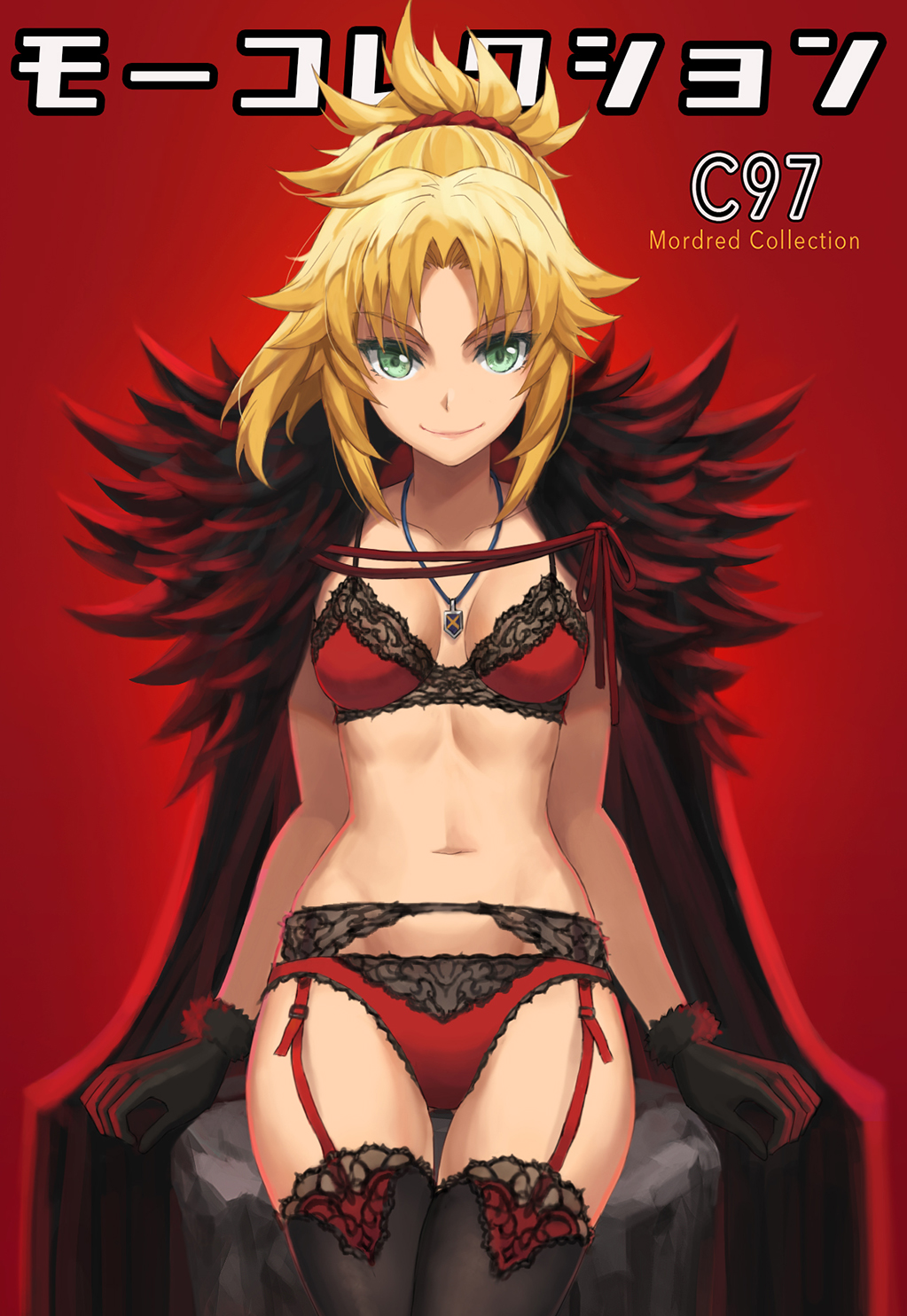1girl black_gloves black_legwear blonde_hair bra braid breasts collarbone commentary_request cover eyebrows_visible_through_hair fate/apocrypha fate/grand_order fate_(series) gloves green_eyes hair_ornament hair_scrunchie highres jewelry long_hair looking_at_viewer medium_breasts mordred_(fate) mordred_(fate)_(all) navel necklace panties ponytail red_background red_bra red_panties red_scrunchie scrunchie simple_background smile solo thigh-highs thigh_gap tonee underwear