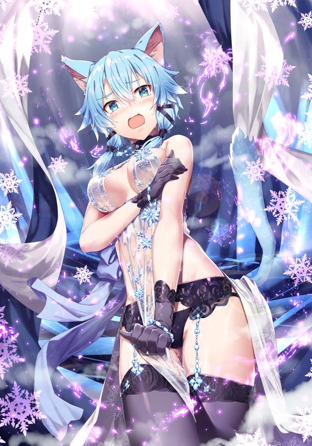 1girl animal_ears artoria_pendragon_(all) artoria_pendragon_(lancer_alter) artoria_pendragon_(lancer_alter)_(cosplay) babydoll bangs bare_shoulders black_panties blue_eyes blue_hair blush breasts cat_ears choker commentary_request cosplay craft_essence embarrassed fate/grand_order fate_(series) gabiran garter_belt gloves hair_between_eyes hair_ornament hair_ribbon hairclip jewelry large_breasts lingerie looking_at_viewer low_twintails necklace panties revealing_clothes ribbon royal_icing see-through sidelocks sinon sinon_(sao-alo) solo sword_art_online thigh-highs twintails underwear