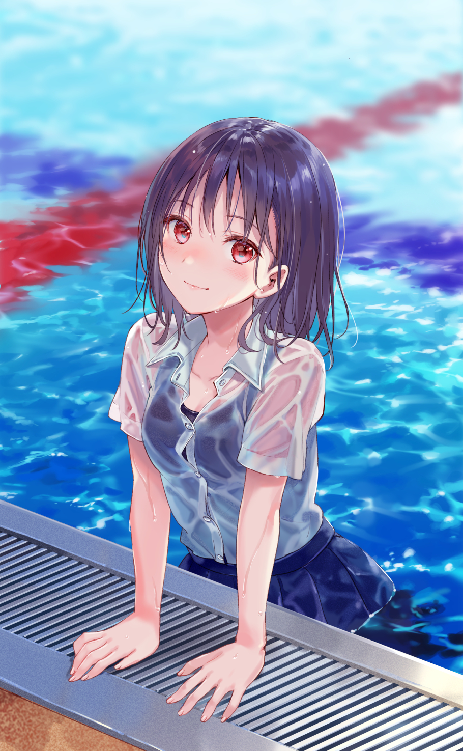 1girl bangs black_hair black_swimsuit blue_skirt blush closed_mouth collarbone collared_shirt commentary dress_shirt eyebrows_visible_through_hair fukahire_(ruinon) highres long_hair one-piece_swimsuit original pleated_skirt red_eyes see-through shirt short_sleeves skirt smile solo swimsuit swimsuit_under_clothes water wet wet_clothes wet_shirt white_shirt