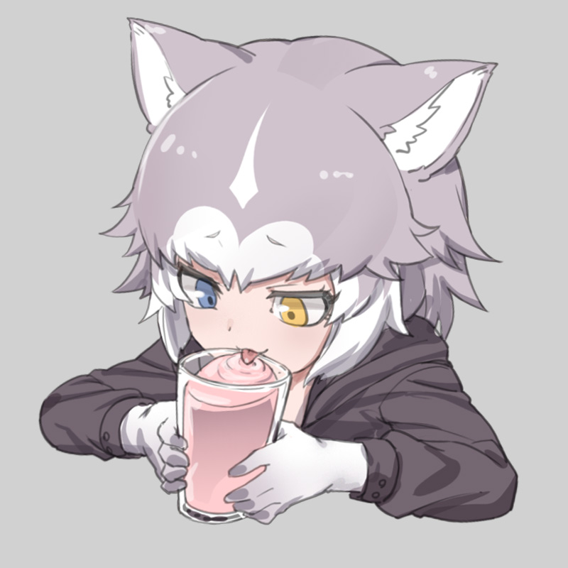1girl ahoge animal_ears blue_eyes brown_eyes cup dog_(mixed_breed)_(kemono_friends) dog_ears drinking_glass elbow_gloves gloves grey_hair heterochromia kemono_friends long_sleeves looking_away looking_down nyifu short_hair solo tongue tongue_out white_gloves white_hair