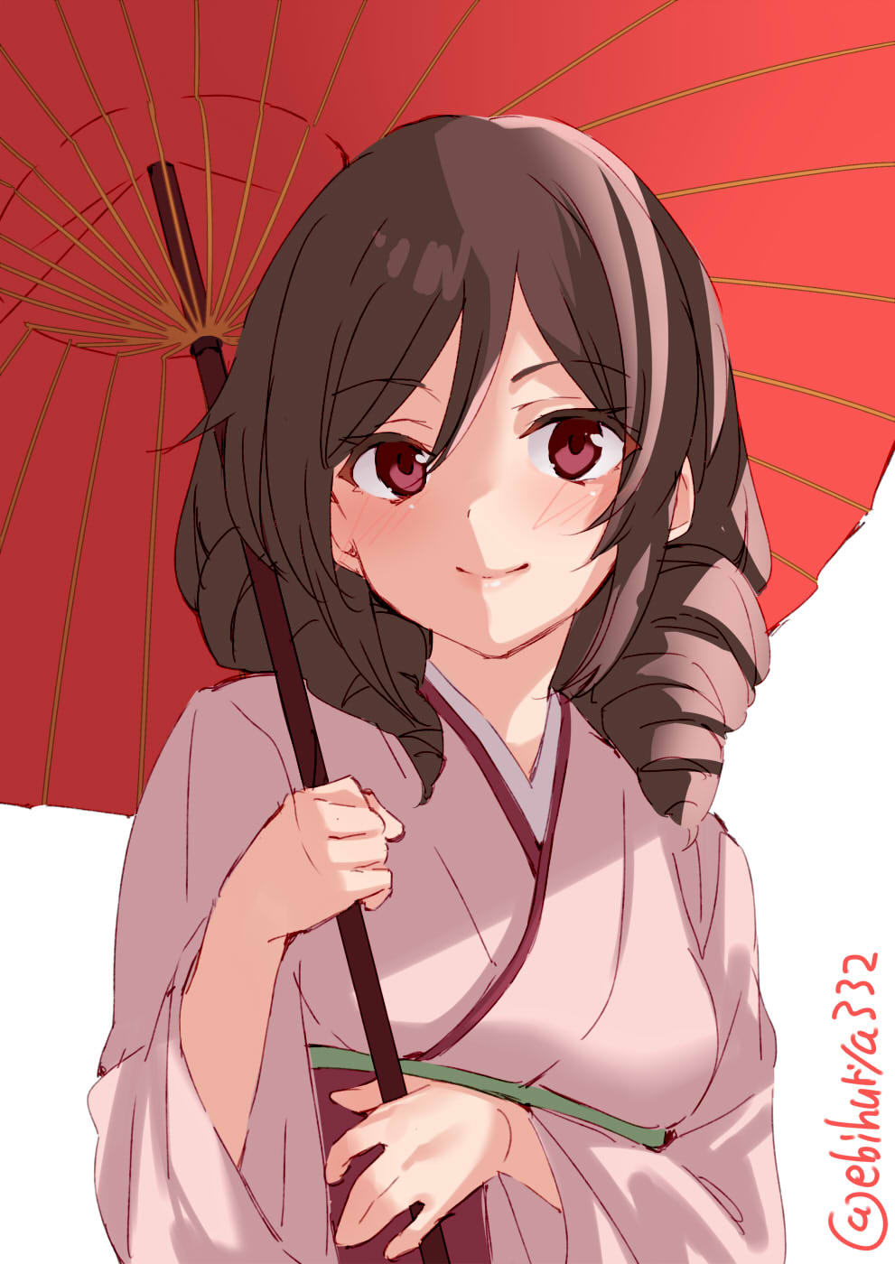 1girl brown_hair drill_hair ebifurya eyebrows_visible_through_hair hakama harukaze_(kantai_collection) highres holding holding_umbrella japanese_clothes kantai_collection kimono long_sleeves meiji_schoolgirl_uniform oriental_umbrella pink_kimono red_eyes red_hakama short_hair simple_background solo twitter_username umbrella white_background wide_sleeves