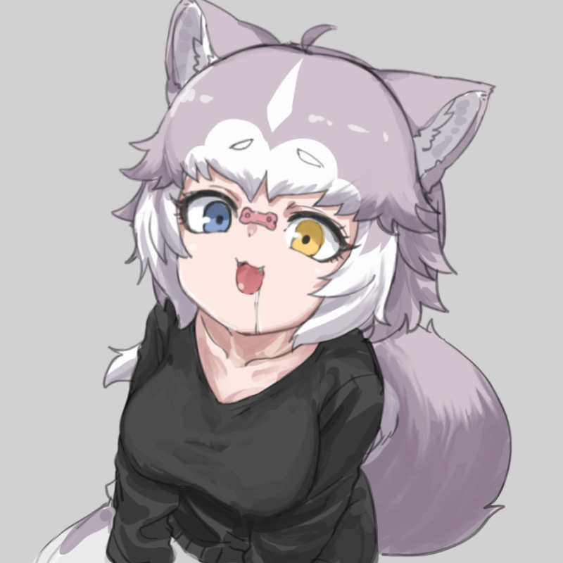 1girl :3 alternate_costume animal_ears black_shirt blue_eyes dog_(mixed_breed)_(kemono_friends) dog_ears dog_girl dog_tail dog_treat drooling eyebrows_visible_through_hair fangs food food_on_face grey_hair heterochromia kemono_friends long_sleeves looking_up multicolored_hair nyifu open_mouth shirt short_hair solo tail white_hair yellow_eyes