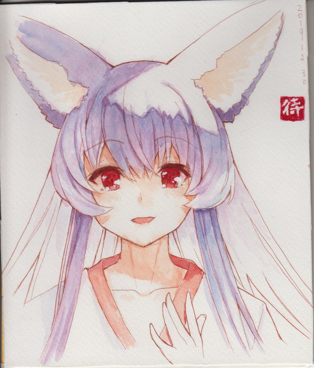 1girl :d animal_ear_fluff animal_ears bangs collarbone cropped_torso dated eyebrows_visible_through_hair fox_ears hair_between_eyes hand_up highres japanese_clothes kimono long_hair looking_at_viewer open_mouth original photo red_eyes silver_hair smile solo traditional_media upper_body white_kimono yuuji_(yukimimi)