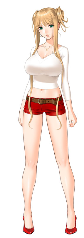 belt blonde_hair blue_eyes eyebrows_visible_through_hair full_body high_heels huge_breasts long_hair long_legs midriff necklace red_shoes red_shorts short_shorts white_background white_shirt