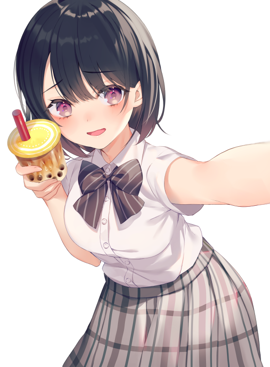 1girl achiki bangs black_bow black_hair blush bow breasts bubble_tea collared_shirt cup diagonal-striped_bow diagonal_stripes disposable_cup dress_shirt drinking_straw eyebrows_visible_through_hair grey_skirt hair_between_eyes holding holding_cup medium_breasts official_art open_mouth plaid plaid_skirt pleated_skirt red_eyes satou_koharu school_uniform shio_taiou_no_satou-san_ga_ore_ni_dake_amai shirt short_sleeves simple_background skirt solo striped striped_bow white_background white_shirt