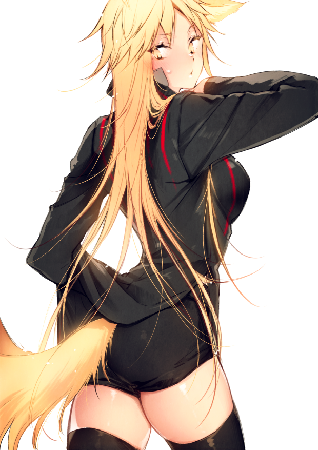 1girl animal_ears ass bangs black_legwear black_shorts blonde_hair blush breasts cowboy_shot fox_ears fox_girl fox_tail from_behind genderswap genderswap_(mtf) izumi_kouhei large_breasts long_hair long_sleeves looking_back pepper_fever shirt_lift shorts simple_background solo tail thigh-highs tight very_long_hair white_background world_trigger yellow_eyes