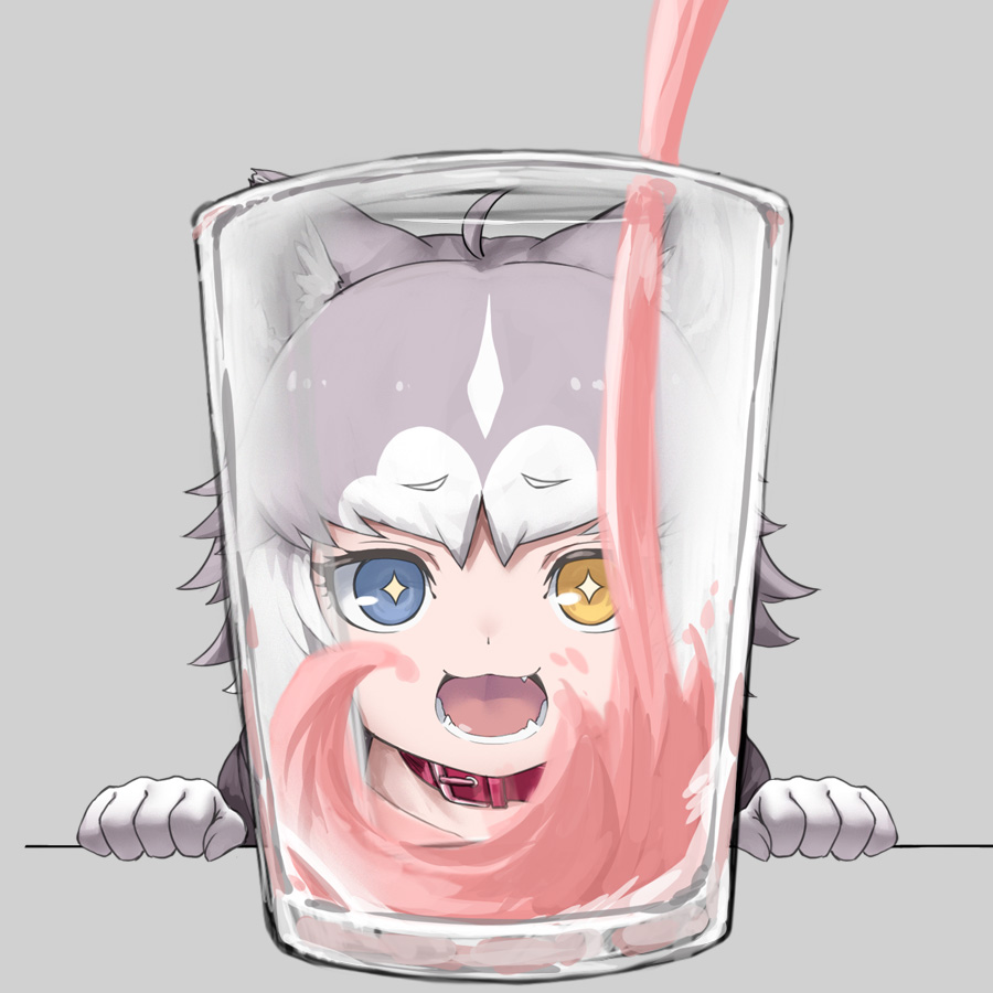 1girl ahoge animal_ears blue_eyes blush brown_eyes cup diamond-shaped_pupils dog_(mixed_breed)_(kemono_friends) dog_ears drinking_glass elbow_gloves eyebrows_visible_through_hair gloves grey_hair heterochromia kemono_friends looking_at_viewer multicolored_hair nyifu open_mouth short_hair smile solo symbol-shaped_pupils teeth white_gloves white_hair