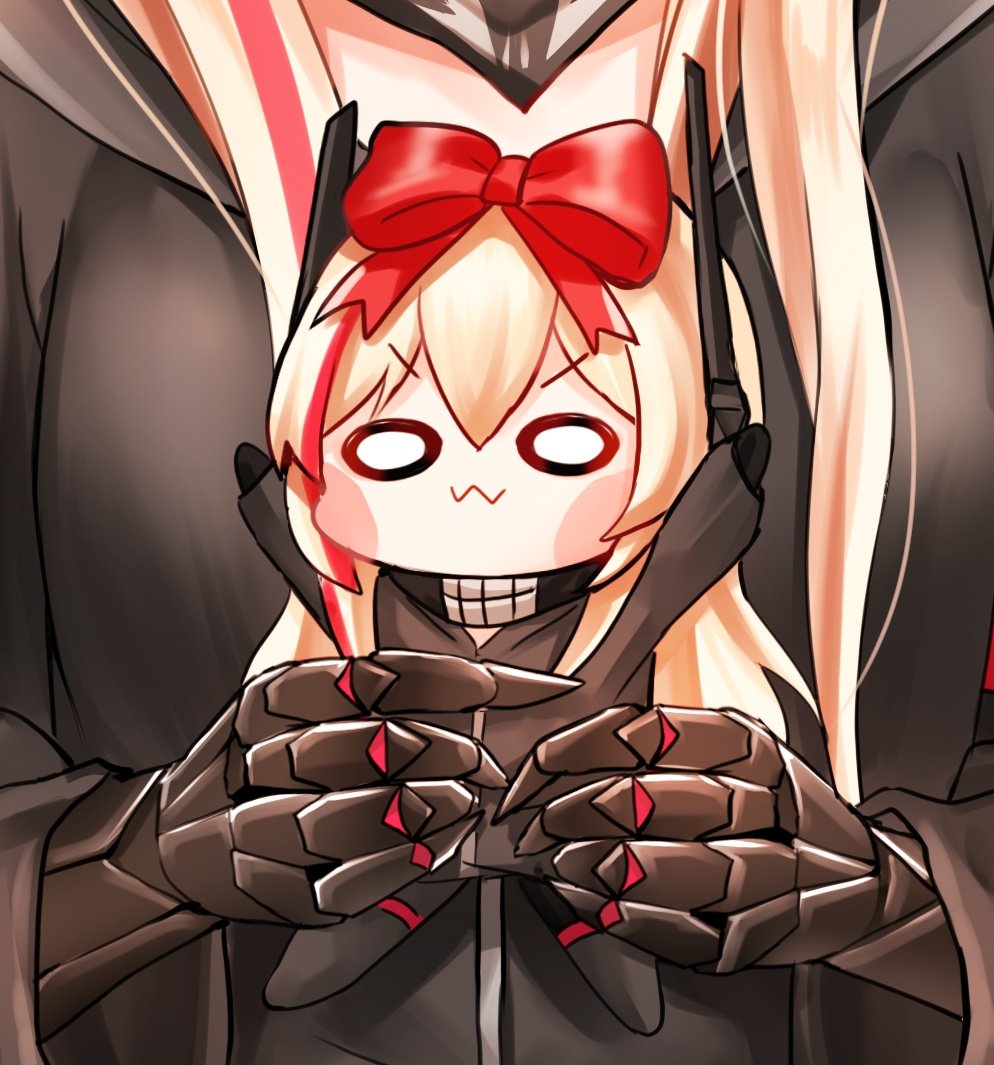 :3 armband arms_up black_jacket black_scarf black_skirt blonde_hair blush close-up closed_mouth commentary_request doll eyebrows_visible_through_hair gauntlets girls_frontline gloves hair_ribbon headgear holding holding_doll honyang jacket long_hair looking_at_viewer m4_sopmod_ii_(girls_frontline) m4_sopmod_ii_jr mechanical_arm multicolored_hair o_o red_armband red_ribbon redhead ribbon scarf sidelocks skirt streaked_hair white_background white_eyes