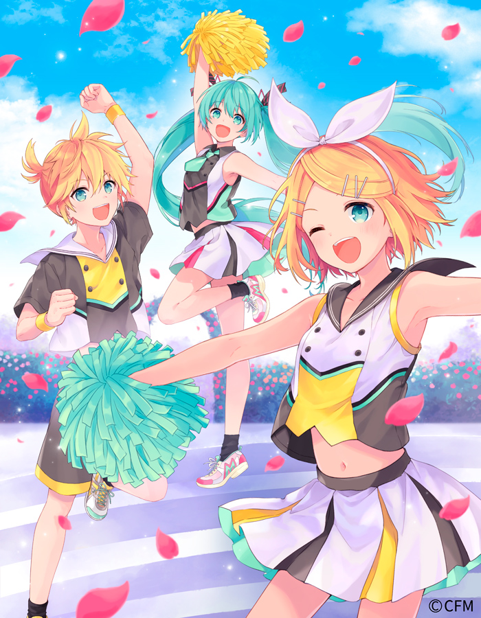 1boy 2girls ;d ankle_socks aqua_eyes aqua_hair arch arm_up armpits bangs black_legwear blonde_hair blue_eyes bow brother_and_sister cheerleader clouds collarbone collared_shirt commentary_request copyright copyright_name crypton_future_media hair_bow hair_ornament hairclip hatsune_miku jumping kagamine_len kagamine_rin konayama_kata light_particles midriff multiple_girls navel necktie one_eye_closed open_mouth petals pleated_skirt pom_poms rose_bush rose_petals sailor_collar shirt shoes short_hair short_sleeves shorts siblings skirt sky sleeveless sleeveless_shirt smile sneakers twins twintails vocaloid wristband