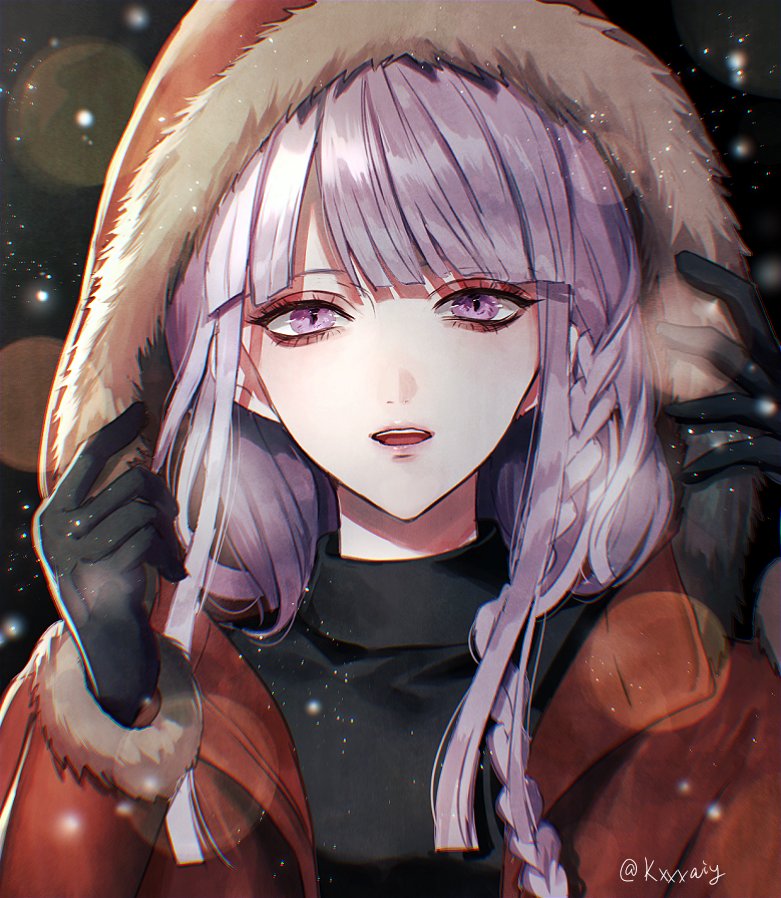 1girl alternate_costume artist_name bangs black_gloves black_sweater braid commentary_request dangan_ronpa dangan_ronpa_1 face fur_trim gloves hood hood_up kirigiri_kyouko long_hair looking_at_viewer purple_hair sakuyu smile solo sweater upper_teeth violet_eyes