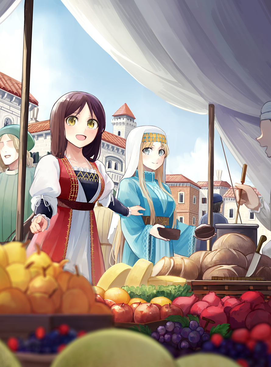 2girls 3boys :d aege-kai_wo_wataru_hana-tachi apple bangs bead_necklace beads blonde_hair blue_dress blue_eyes blurry bowl bread breasts brown_hair building cheese cheese_wheel coin_(ornament) cutting_board day depth_of_field dress food fruit grapes green_headwear head_chain highres hinoshita_akame holding holding_bowl holding_ladle jewelry kitchen_knife knife ladle long_hair long_sleeves looking_at_viewer market multiple_boys multiple_girls music necklace no_eyes no_headwear open_mouth outdoors planted_knife planted_weapon pointing pomegranate pot sky smile traditional_dress vegetable veil weapon yellow_eyes