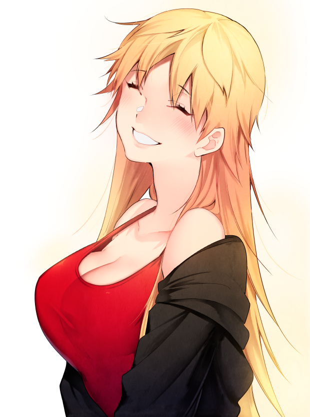 1girl ^_^ bangs black_jacket blonde_hair blush breasts closed_eyes facing_viewer flipped_hair from_side genderswap genderswap_(mtf) izumi_kouhei jacket large_breasts laughing long_hair off_shoulder pepper_fever simple_background solo strap_gap tank_top white_background world_trigger