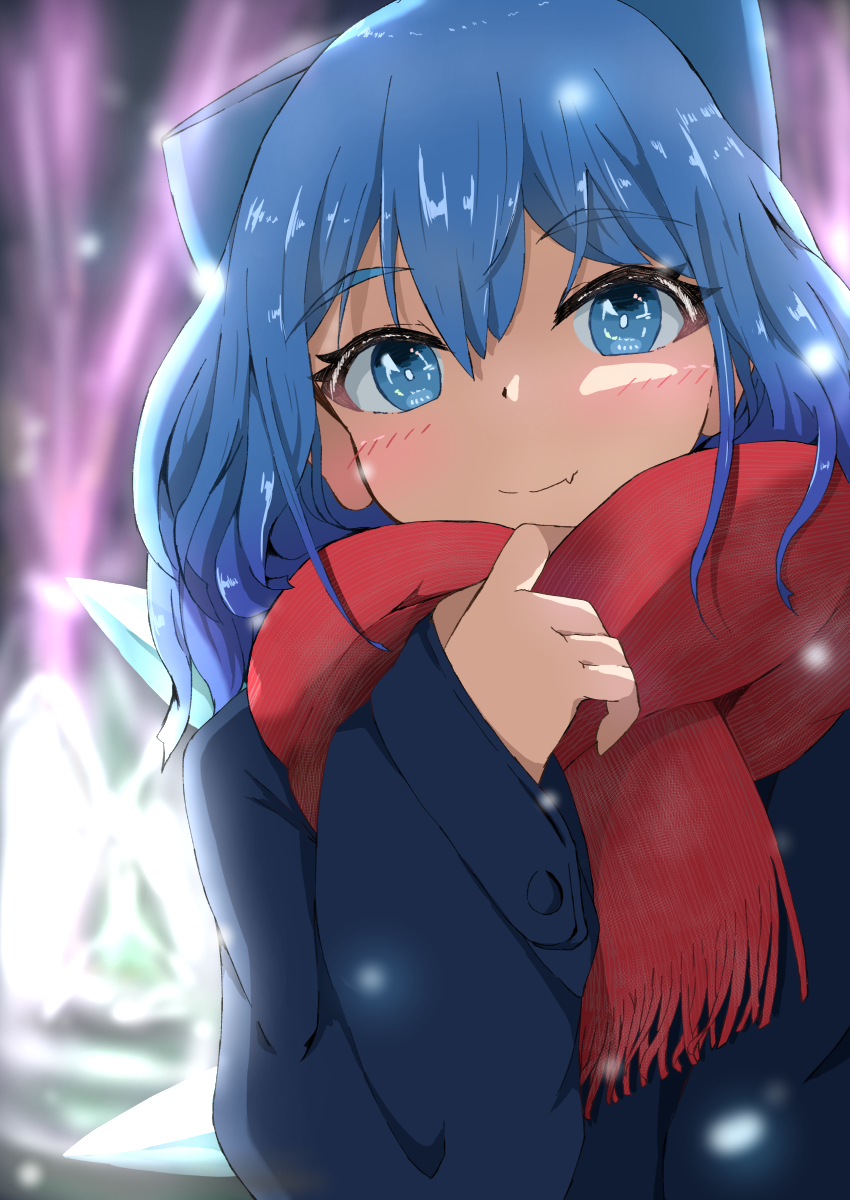 1girl alternate_costume bangs blue_bow blue_eyes blue_hair blue_jacket blush bow casual cirno commentary_request contemporary eyebrows_visible_through_hair fang fang_out hair_between_eyes hair_bow highres ice ice_wings jacket long_sleeves looking_at_viewer mizune_(winter) red_scarf scarf short_hair skin_fang smile solo touhou upper_body wings