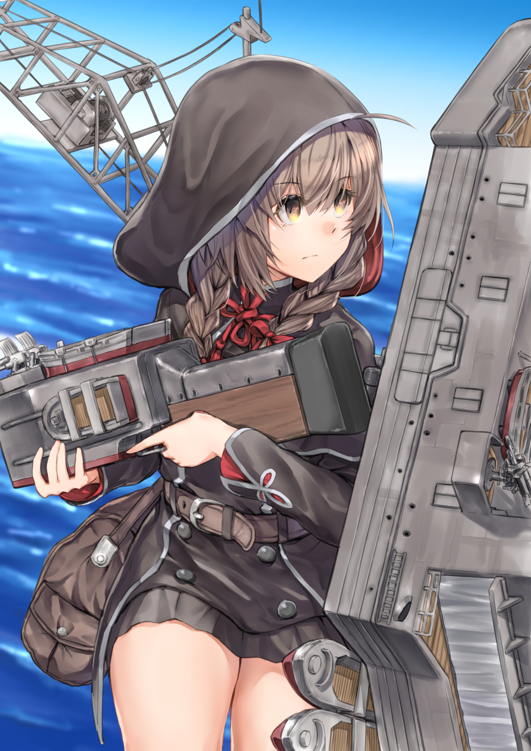 1girl bag belt black_capelet black_dress blue_sky braid brown_belt brown_eyes brown_hair capelet clouds commentary_request cowboy_shot crane day dress gun hair_ribbon highres hood hooded_capelet horizon kantai_collection long_sleeves looking_to_the_side machinery ocean outdoors pleated_dress ribbon rigging shinshuu_maru_(kantai_collection) short_dress simple_background sky solo twin_braids weapon zombie_mogura