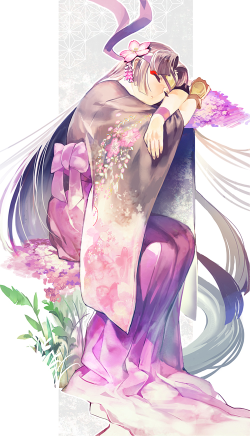 1girl arm_pillow aruk asa_no_ha_(pattern) bangs bow floral_print flower full_body gloves gotcha_warrior grass hair_ornament hakama head_rest headband japanese_clothes kanzashi kimono leaning_to_the_side long_hair parted_bangs purple_bow purple_flower purple_hakama sakura_(gotcha_warrior) sidelocks single_glove sleeping solo very_long_hair white_background wide_sleeves wristband