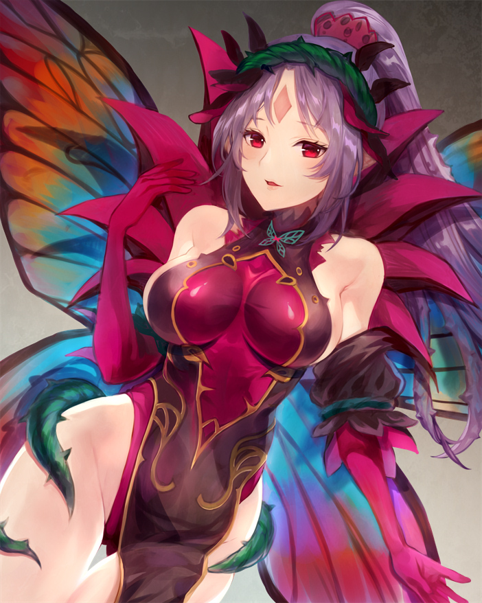 1girl breasts elbow_gloves fairy_wings fire_emblem fire_emblem_heroes gloves grey_hair jurge large_breasts long_hair parted_lips plant plumeria_(fire_emblem) ponytail red_eyes red_gloves solo vines wings