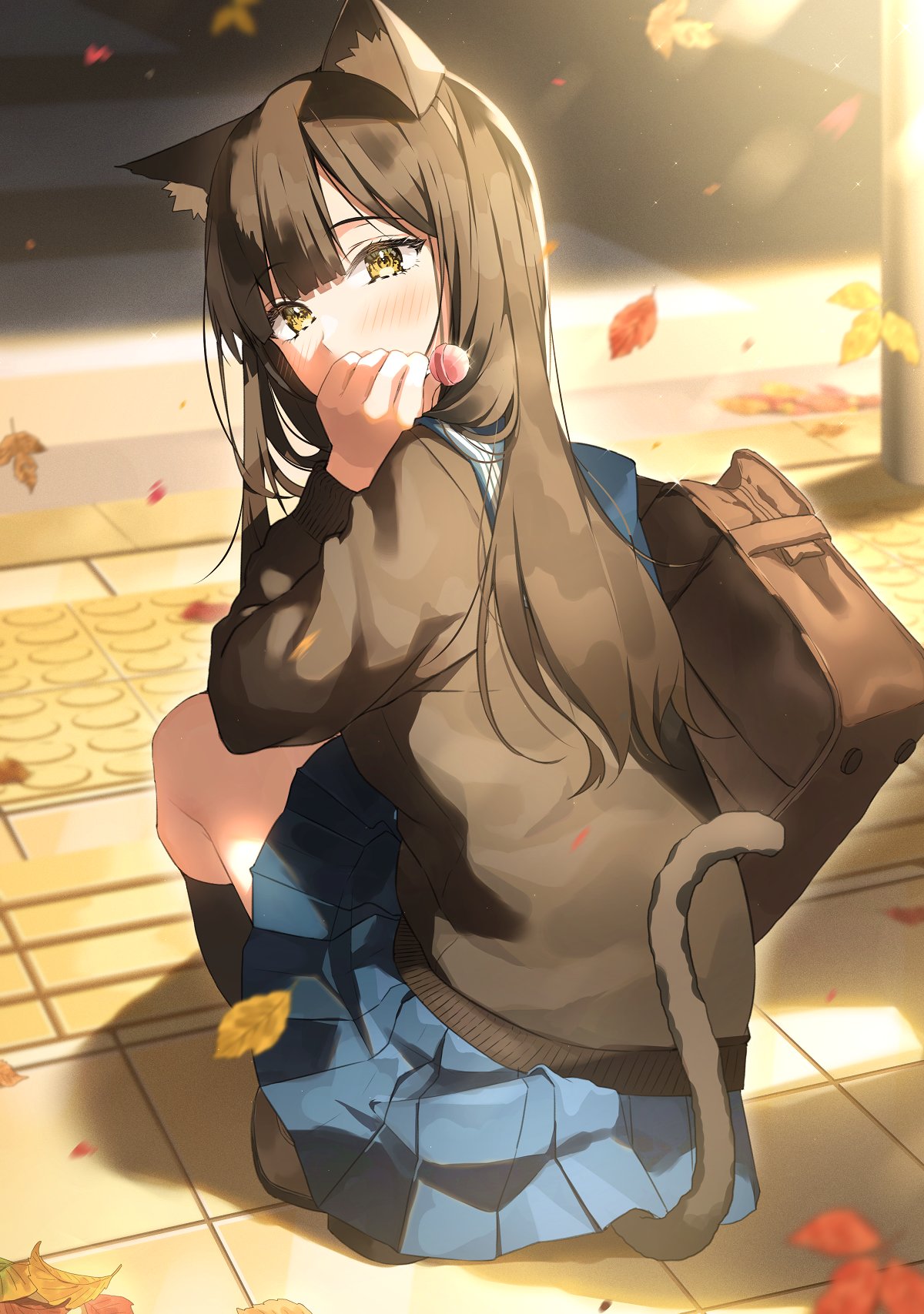 1girl animal_ears autumn autumn_leaves bag bangs blue_sailor_collar blue_serafuku blue_shirt blue_skirt blunt_bangs blush breasts brown_footwear brown_hair candy cat_ears cat_girl cat_tail commentary_request day extra_ears eyebrows_visible_through_hair eyelashes falling_leaves food full_body hair_over_shoulder hand_to_own_mouth hand_up highres holding holding_bag holding_candy holding_lollipop leaf loafers lollipop long_hair long_sleeves looking_at_viewer maple_leaf multiple_views original outdoors petals pleated_skirt ran_s200 sailor_collar school_bag school_uniform serafuku shirt shoes shoulder_bag sidelocks skirt tail tail_raised two_side_up yellow_eyes