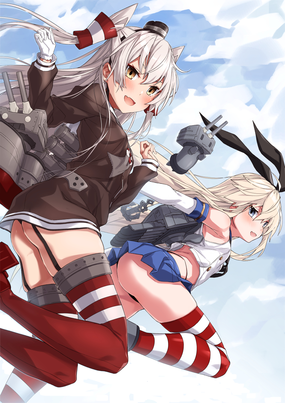 2girls :d amatsukaze_(kantai_collection) anchor ass black_dress black_panties blonde_hair blue_eyes blue_skirt blush brown_eyes chain clouds cloudy_sky crop_top dress elbow_gloves fang garter_straps gloves hair_between_eyes hair_tubes hat highleg highleg_panties highres kantai_collection lifebuoy long_hair long_sleeves looking_at_viewer microskirt mini_hat multiple_girls open_mouth outdoors panties pleated_skirt red_legwear rensouhou-chan rensouhou-kun rigging shimakaze_(kantai_collection) silver_hair skin_fang skirt sky smile striped striped_legwear takanashi_kei_(hitsujikan) thigh-highs two_side_up underwear very_long_hair white_gloves windsock