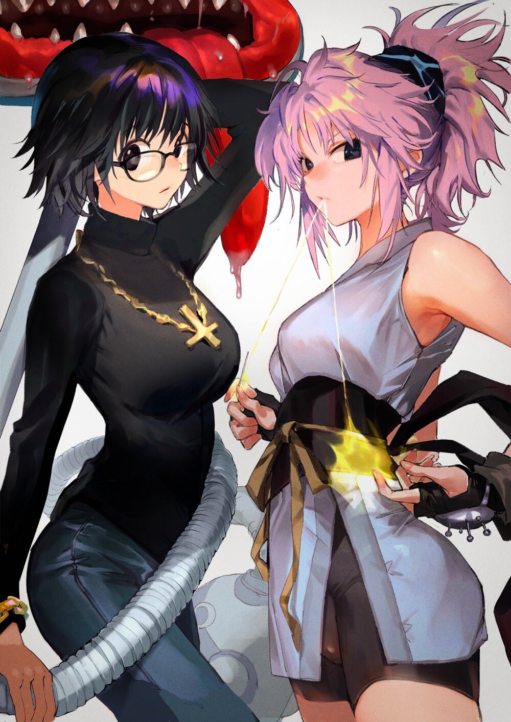 2girls arm_up armpit_peek aura bangs bike_shorts black_eyes black_hair black_sweater breasts cross denim dougi fingerless_gloves from_side glasses gloves gold_bracelet high_ponytail highres hunter_x_hunter inverted_cross japanese_clothes jeans jewelry large_breasts long_hair looking_at_viewer looking_down looking_to_the_side machi_(hunter_x_hunter) medium_breasts multiple_girls nail_polish necklace obi pants pink_hair pose ribbon sash shizuku_(hunter_x_hunter) short_hair souji_hougu standing sweater thread tongue turtleneck upper_body yellow_ribbon