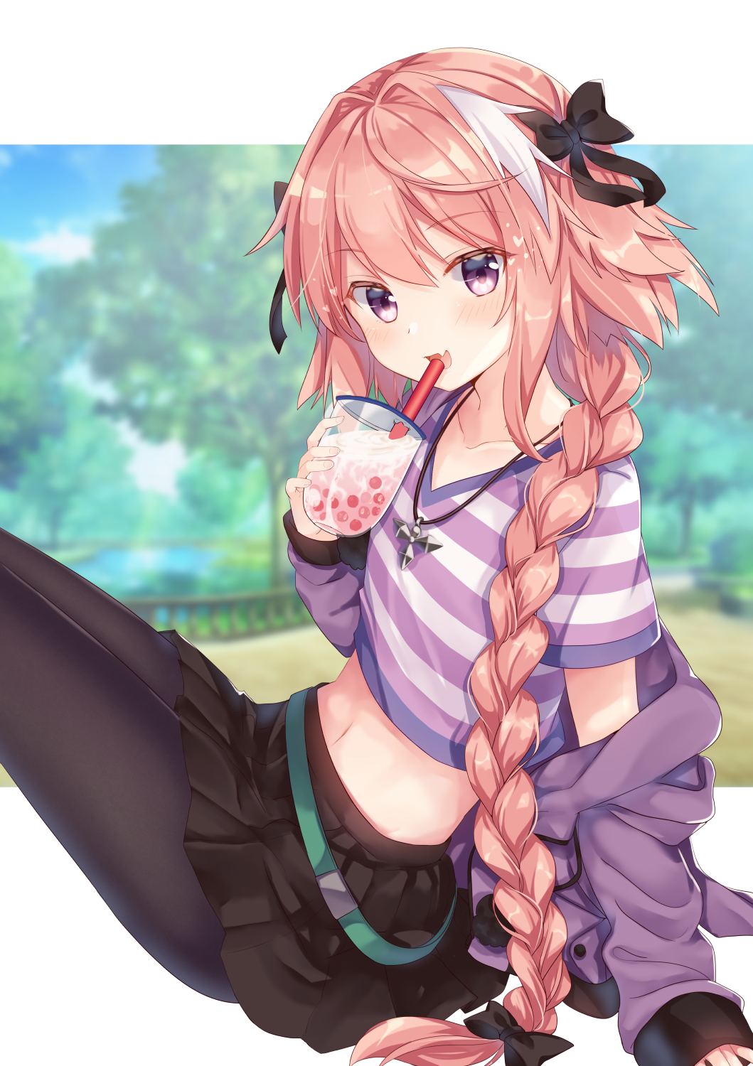 1boy astolfo_(fate) bangs black_bow black_legwear black_skirt blush bow braid collarbone cup day drinking_straw eyebrows_visible_through_hair fang fate_(series) gomano_rio hair_bow hair_intakes hair_ribbon highres holding holding_cup jacket jewelry long_hair long_sleeves looking_at_viewer male_focus midriff multicolored_hair navel necklace off_shoulder open_mouth otoko_no_ko outdoors pantyhose pink_hair purple_jacket purple_shirt ribbon shirt single_braid skirt smile solo streaked_hair violet_eyes
