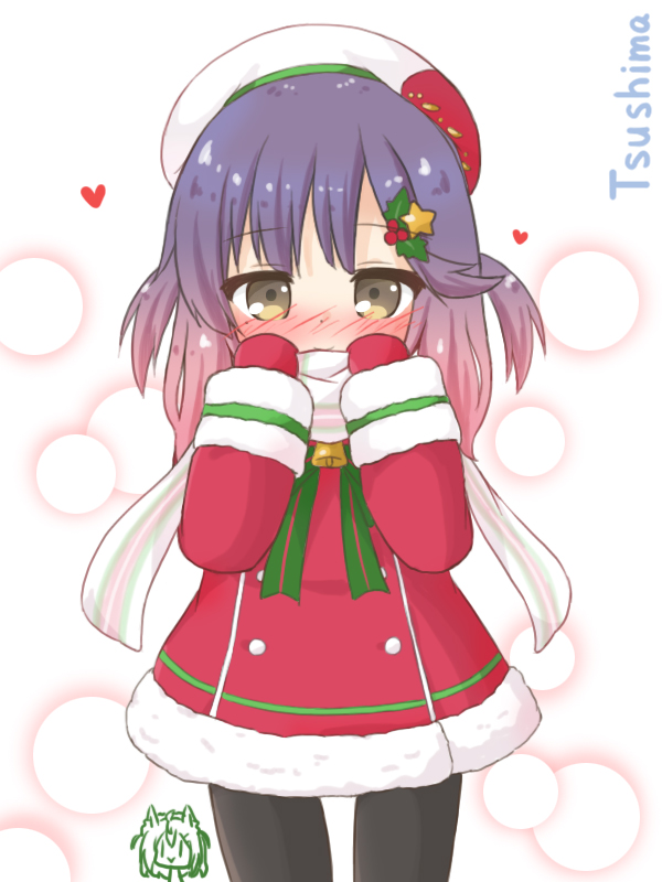 1girl alternate_costume bell black_legwear blush character_name commentary_request eyebrows_visible_through_hair fur-trimmed_sleeves fur_trim gloves gradient_hair green_ribbon hat heart jingle_bell kantai_collection long_hair long_sleeves multicolored_hair purple_hair red_gloves ribbon rinechun sidelocks smile solo thigh-highs tsushima_(kantai_collection) white_background yellow_eyes